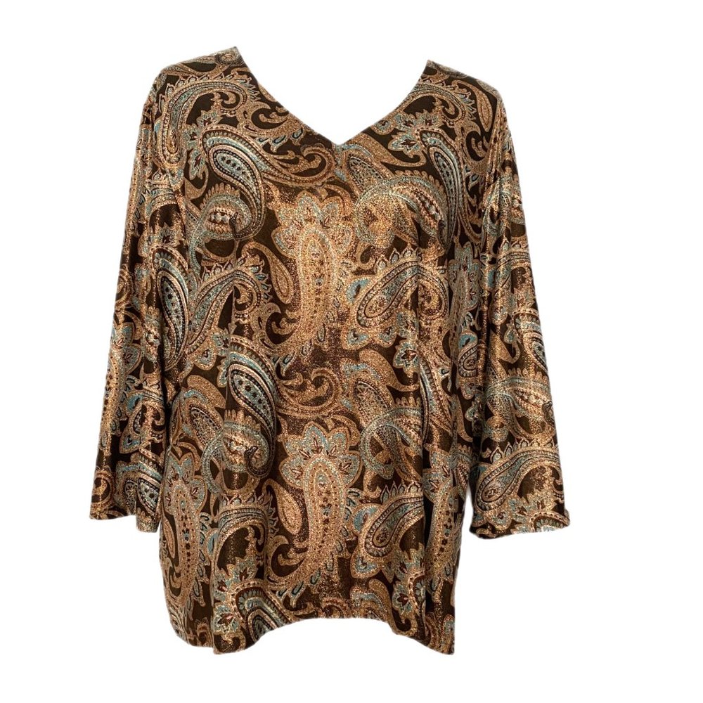 Pamela McCoy Collections Vintage Brown Paisley Gold Shimmer Soft Shirt 2X